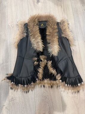 Belta Black Leather Vest with Brown Fur Trim and Fringe
